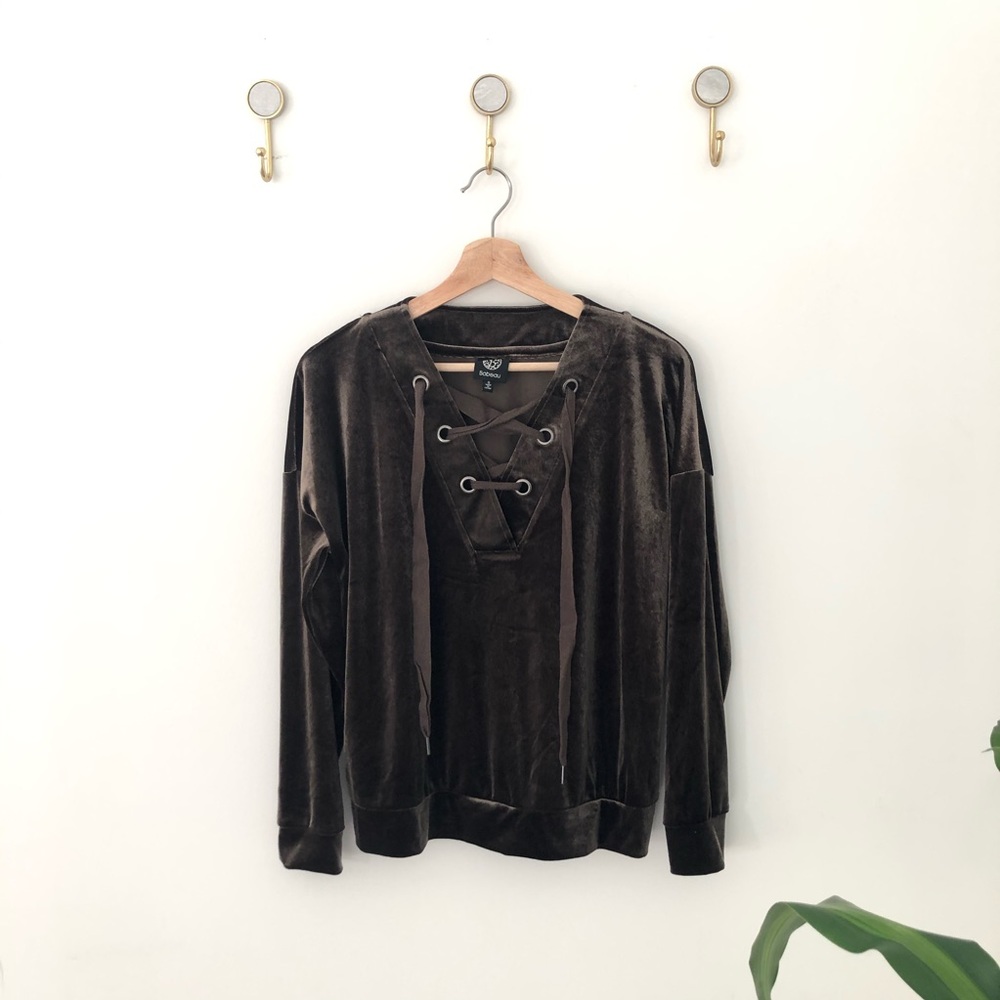 BOBEAU olive green velvet drawstring top small